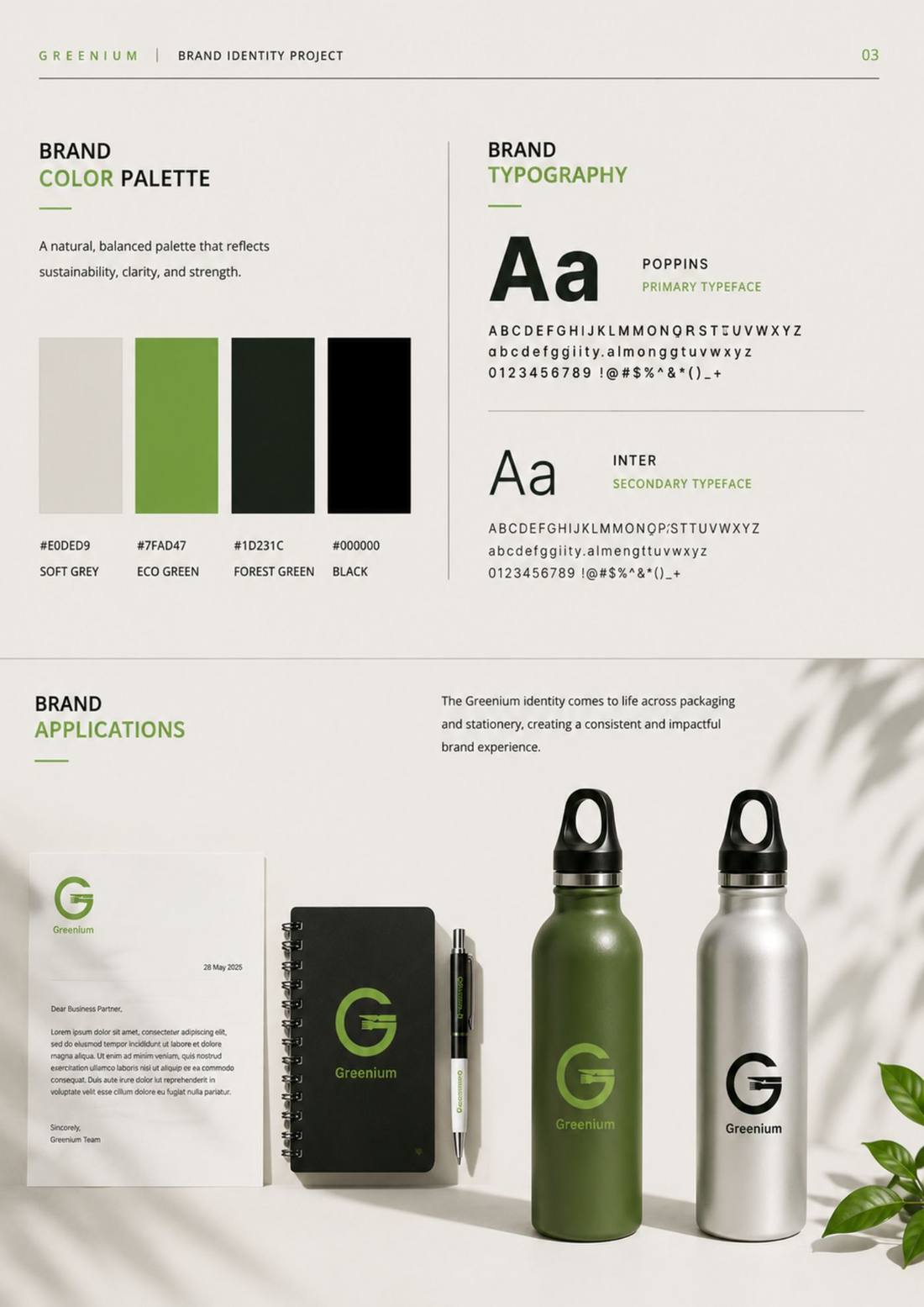 Greenium — Page 03, colour, typography and applications