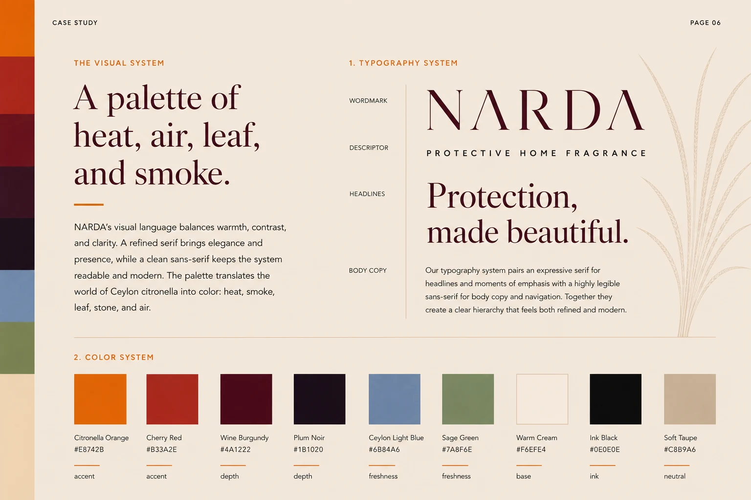 Narda — Page 06, typography and colour system